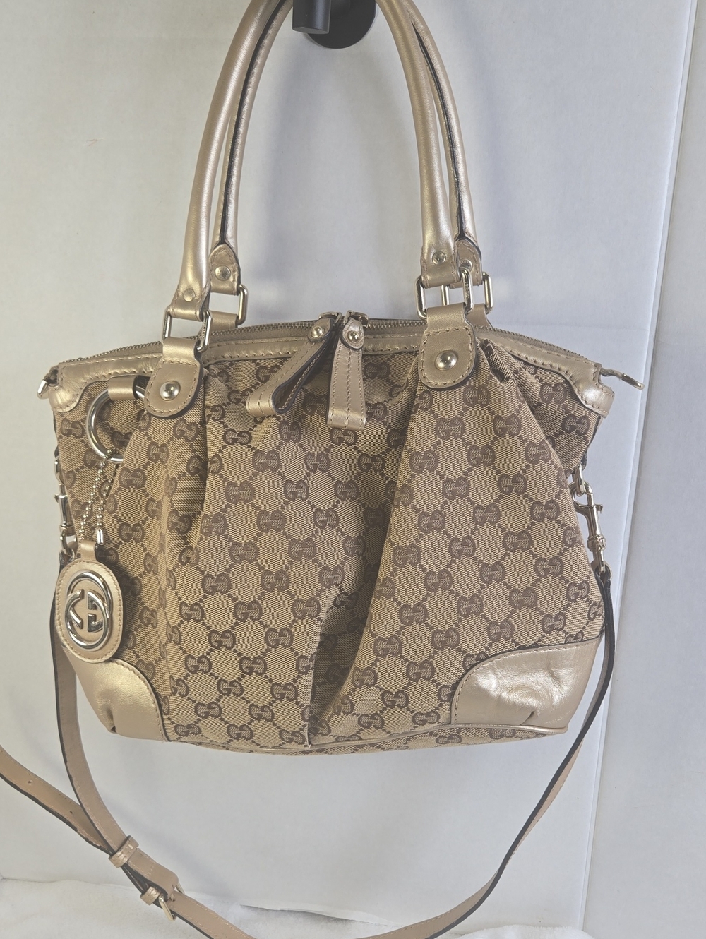 GUCCI GG GHW 2 Way Shoulder Bag 247902 Calfskin Leather GG Canvas Gold Accents